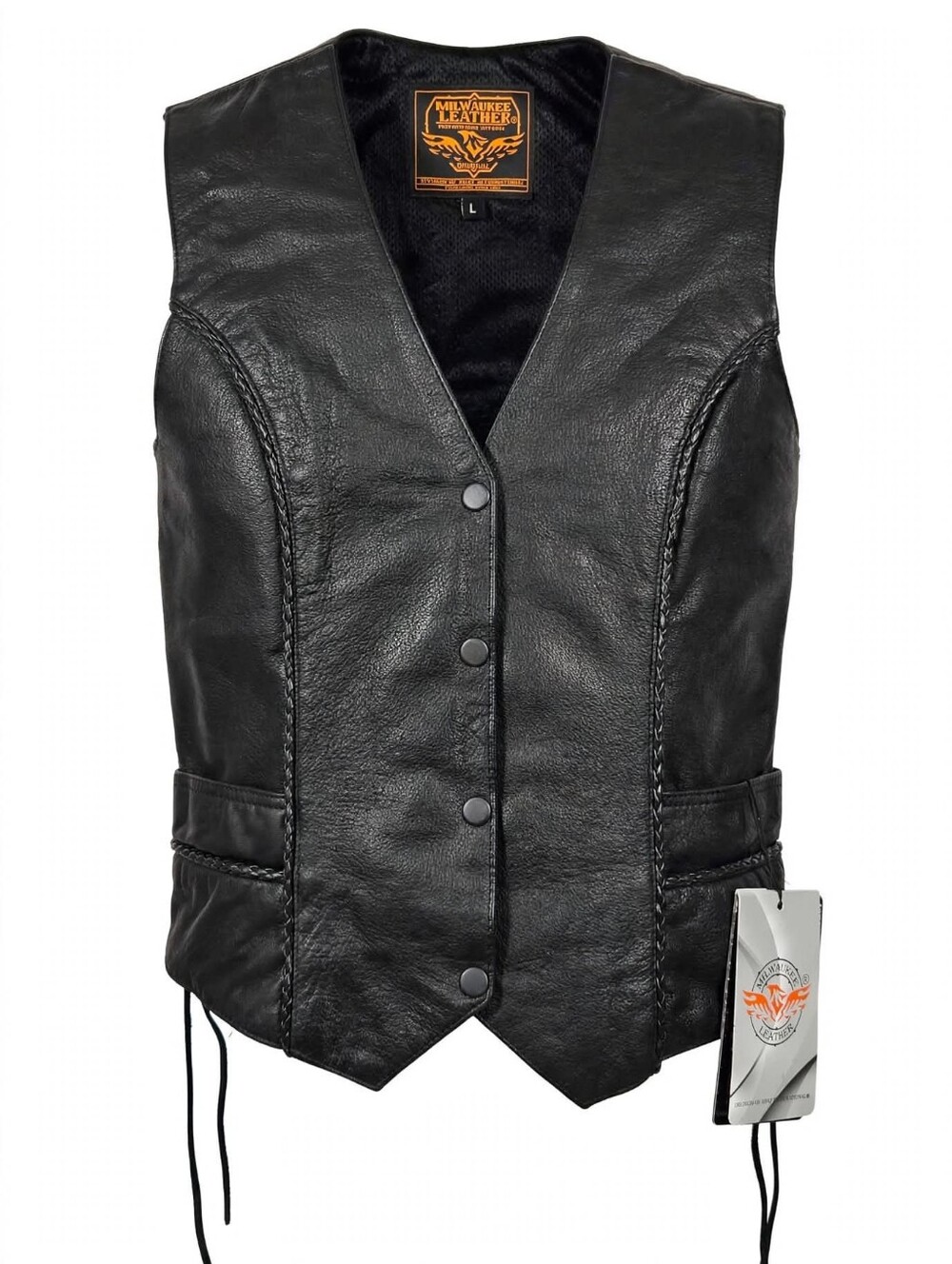 NEW Milwaukee Leather Ladies Large Black Side Laced Leather Vest Snap Front NWT